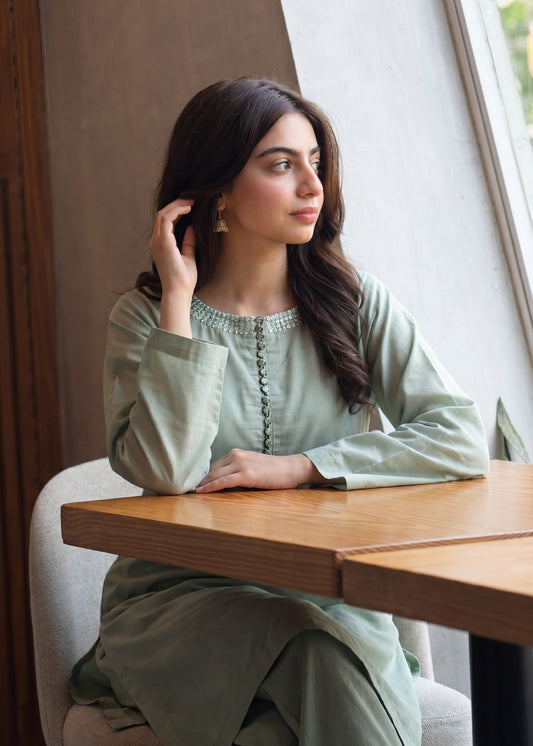 Buy Pistachio Green Embellished Lawn Kurta Pajama Online in Dubai DXB UAE Abudhabi Meena Bazaar