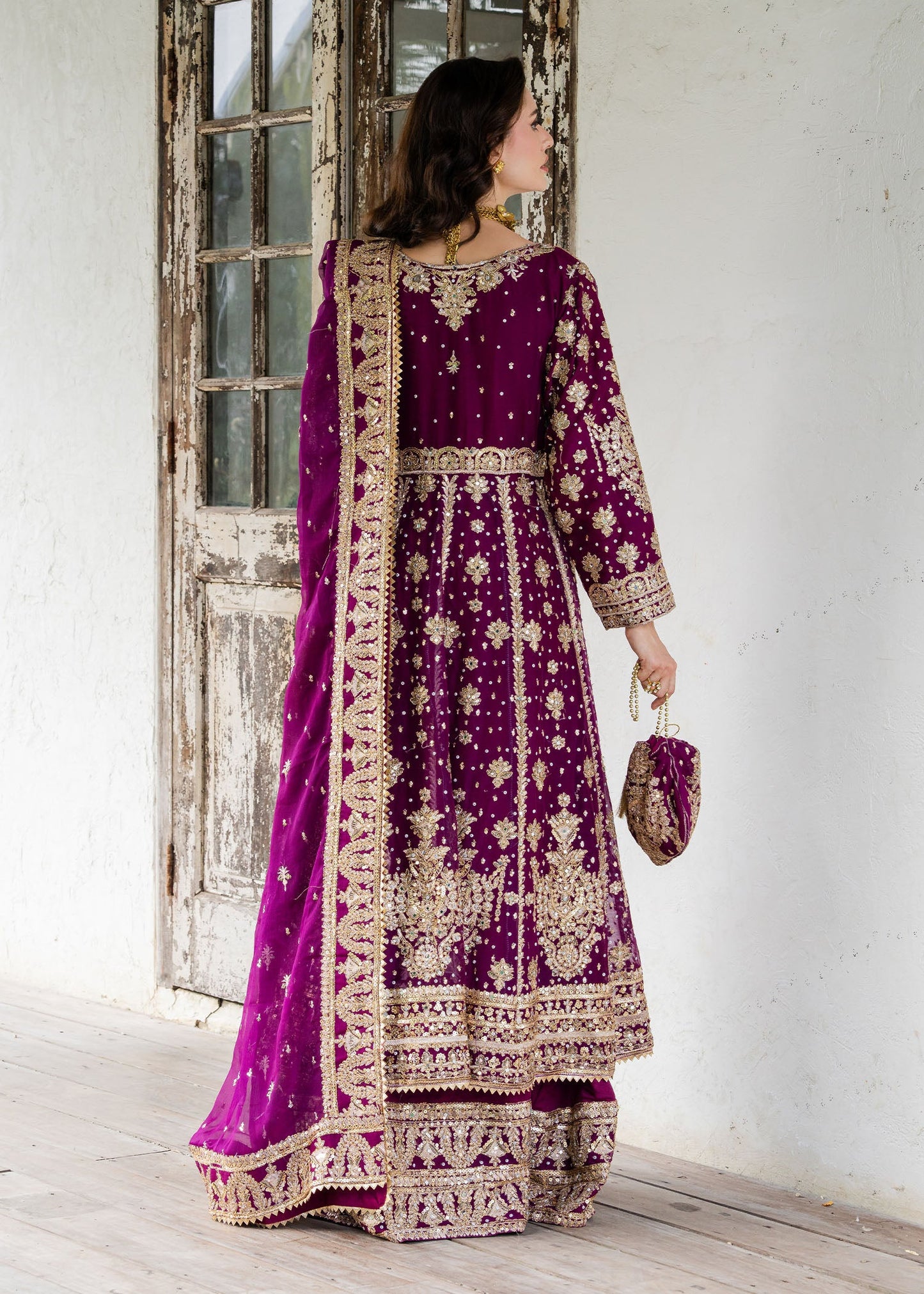 Buy Plum Gold Embroidered Chiffon Suit Online in Dubai DXB UAE Abudhabi Meena Bazaar