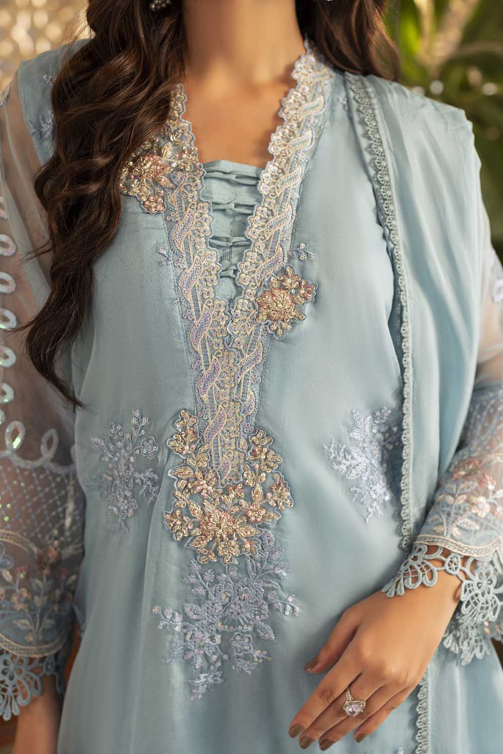 Buy Ready to Wear Ice Blue Organza Embellished Suit Online in UK USA Canada