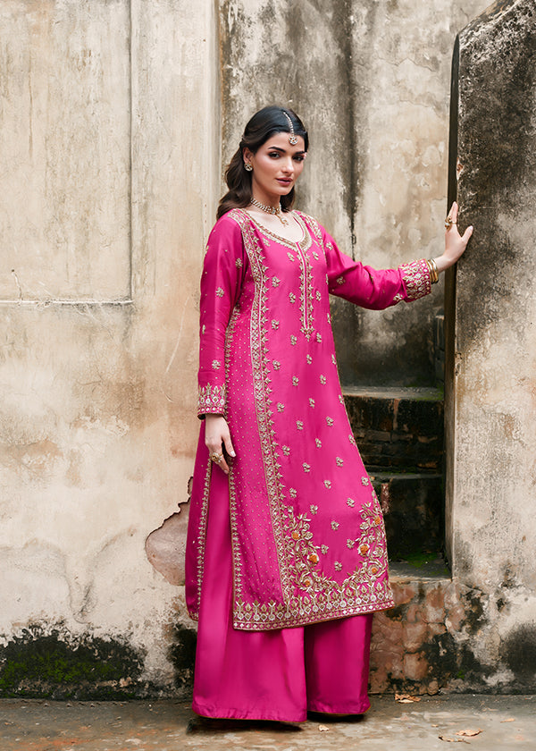 Buy Shocking Pink Charmuse Silk Pakistani Suit Online in Dubai DXB UAE Abudhabi Meena Bazaar