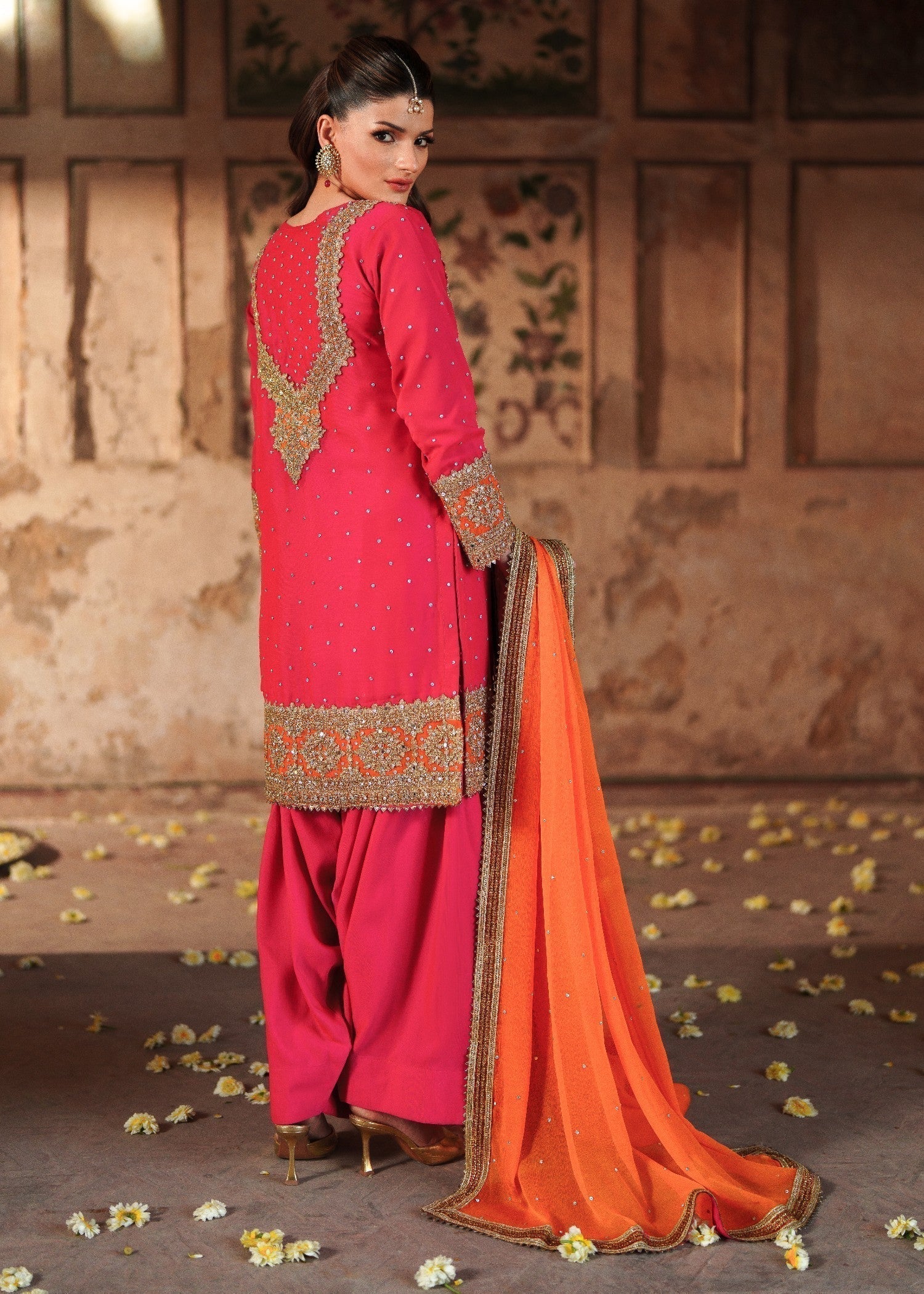 Buy Shocking Pink Chiffon Farshi Shalwar Suit Online in Dubai DXB UAE Abudhabi Meena Bazaar