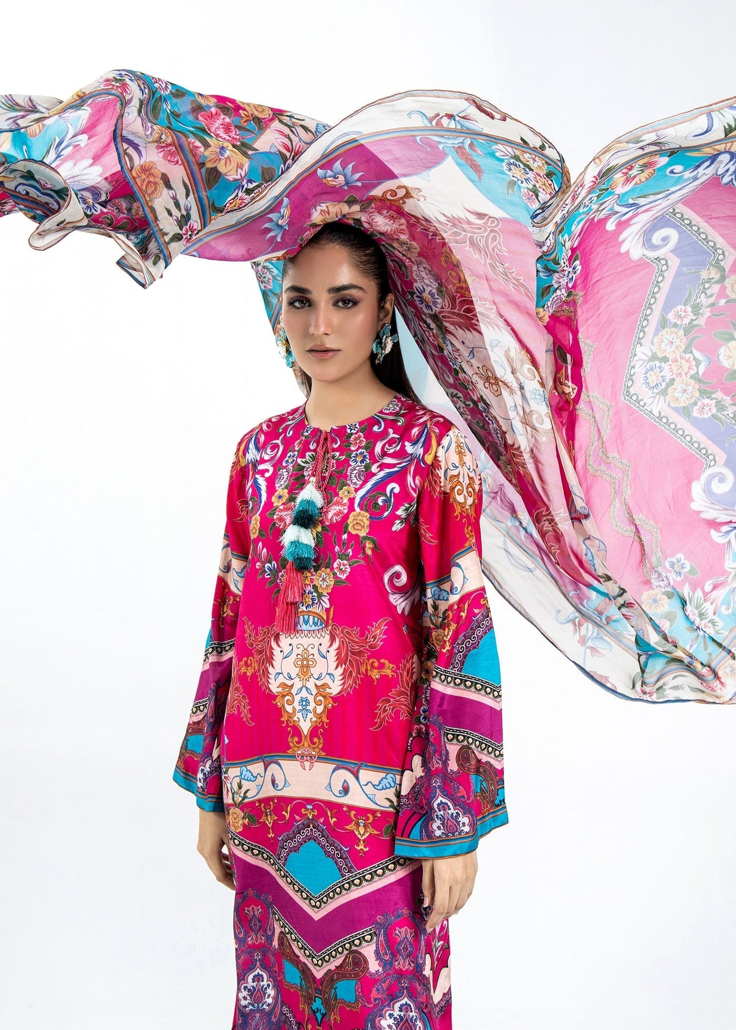 Buy Shocking Pink Raw Silk Kaftan Capri Dupatta Online in Dubai DXB UAE Abudhabi Meena Bazaar