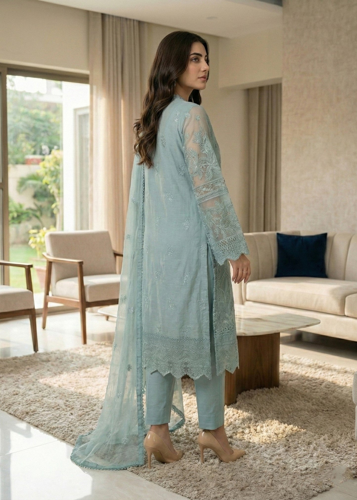 Buy Sky Blue Embroidered Cotton Chikankari Suit Online in Dubai DXB UAE Abudhabi Meena Bazaar