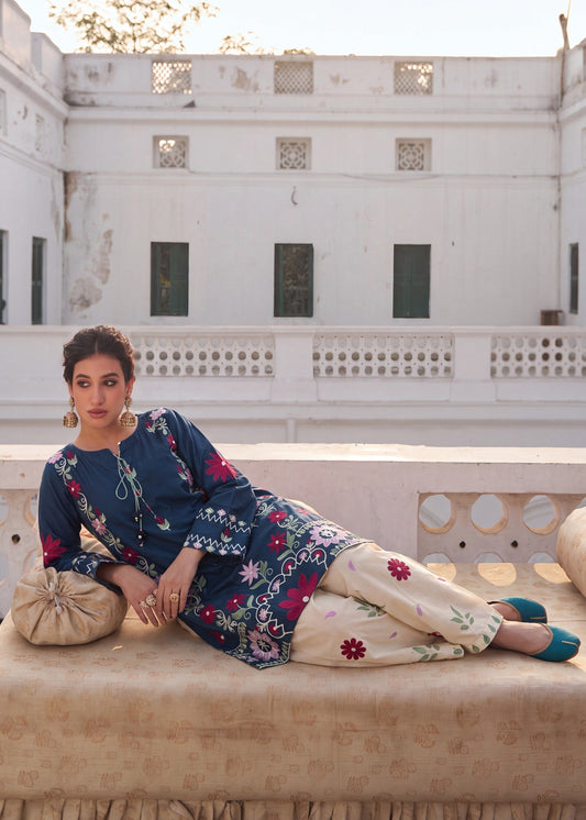 Buy Steel Blue Embroidered Lawn Dress Material Online in Dubai DXB UAE Abudhabi Meena Bazaar