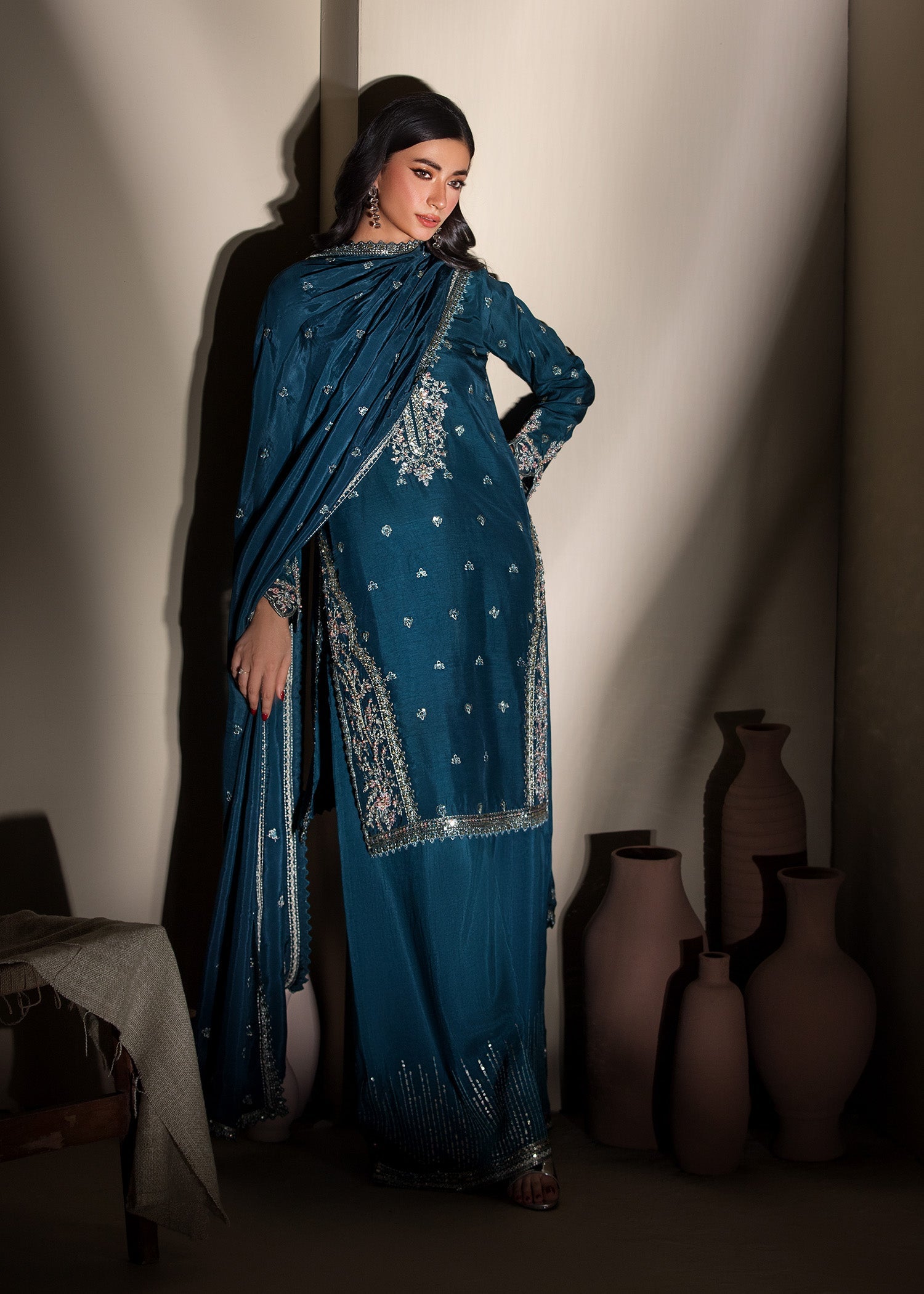 Buy Teal Embellished Raw Silk Pakistani Outfit Online in Dubai DXB UAE Abudhabi Meena Bazaar