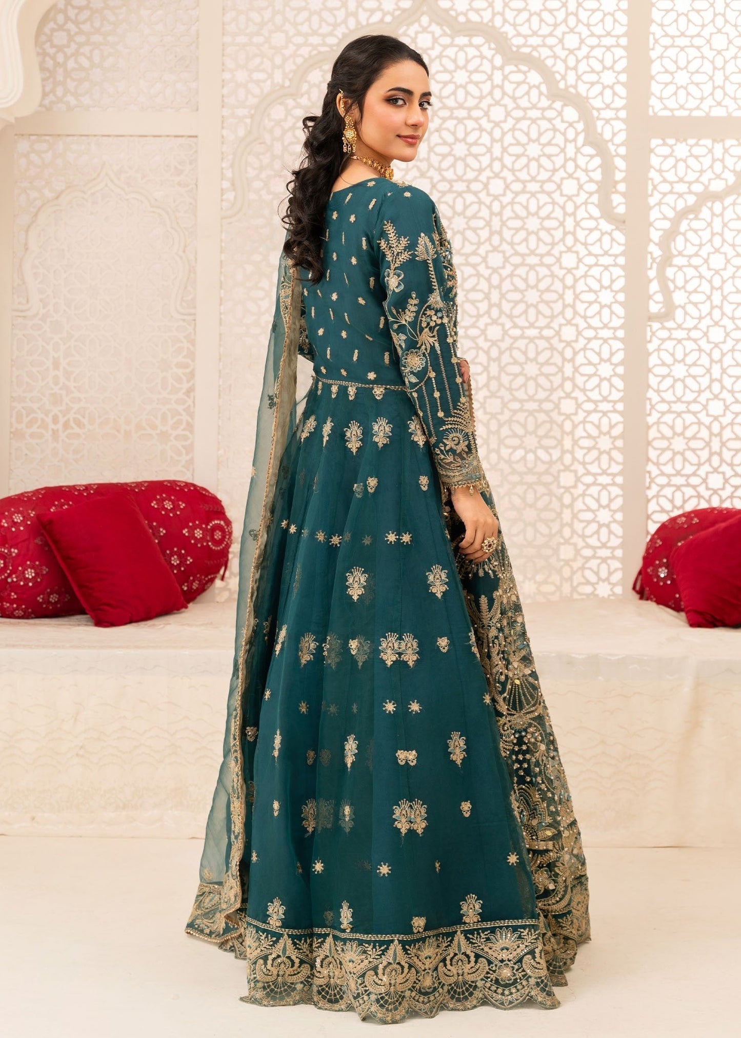 Buy Teal Embroidered Organza Flared Maxi Suit Online in Dubai DXB UAE Abudhabi Meena Bazaar