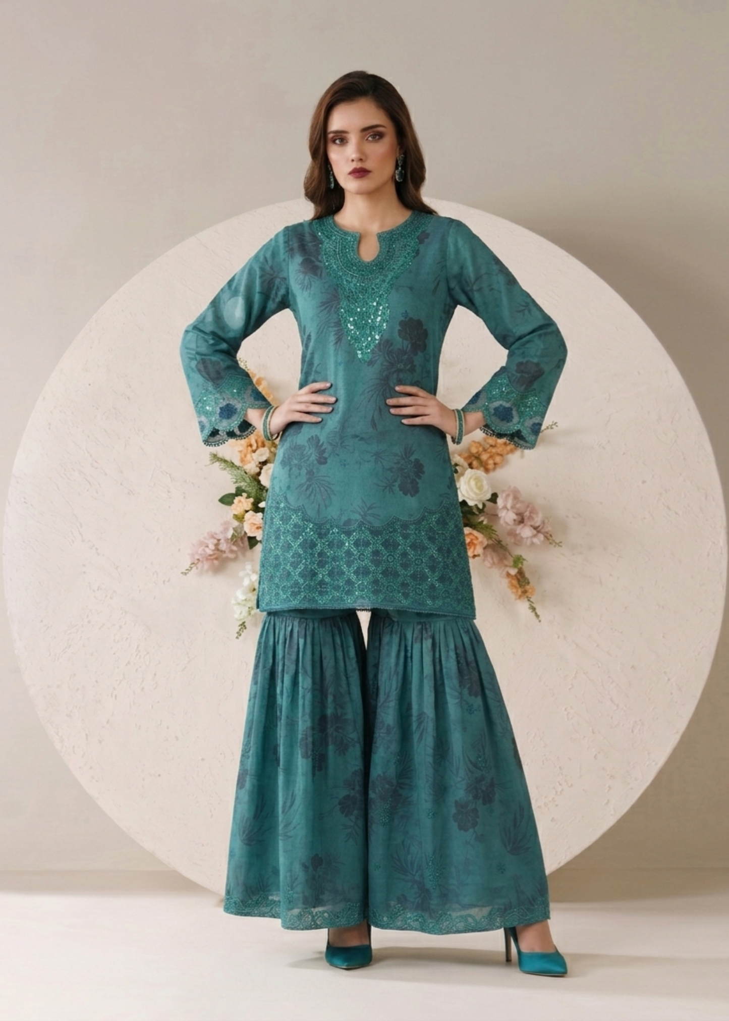 Buy Teal Flared Gharara Lawn Suit Online in Dubai DXB UAE Abudhabi Meena Bazaar