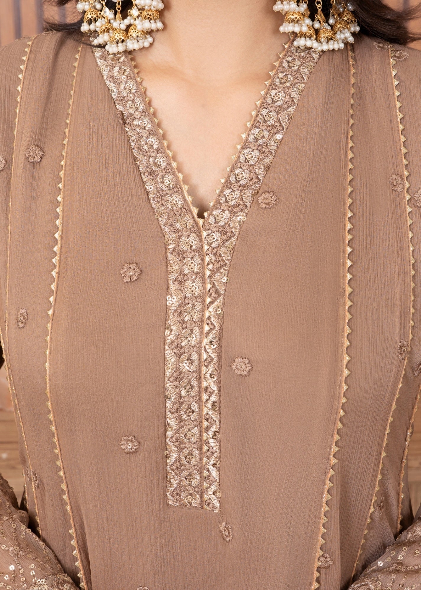 Camel Brown Chiffon Embroidered Maxi Dress Online in Dubai UAE Abudhabi Ajman Sharjah
