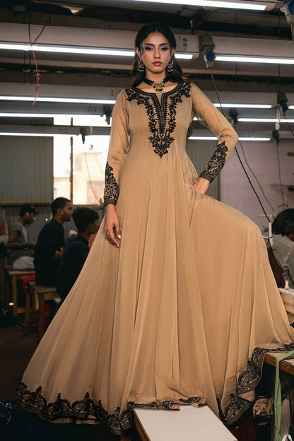 Camel Brown Chiffon Pishwas with Black Resham Embroidery Online in Dubai UAE Abudhabi Ajman Sharjah