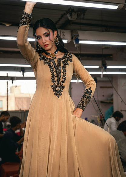 Camel Brown Chiffon Pishwas with Resham and Sequin Embroidery Online in UK USA Canada
