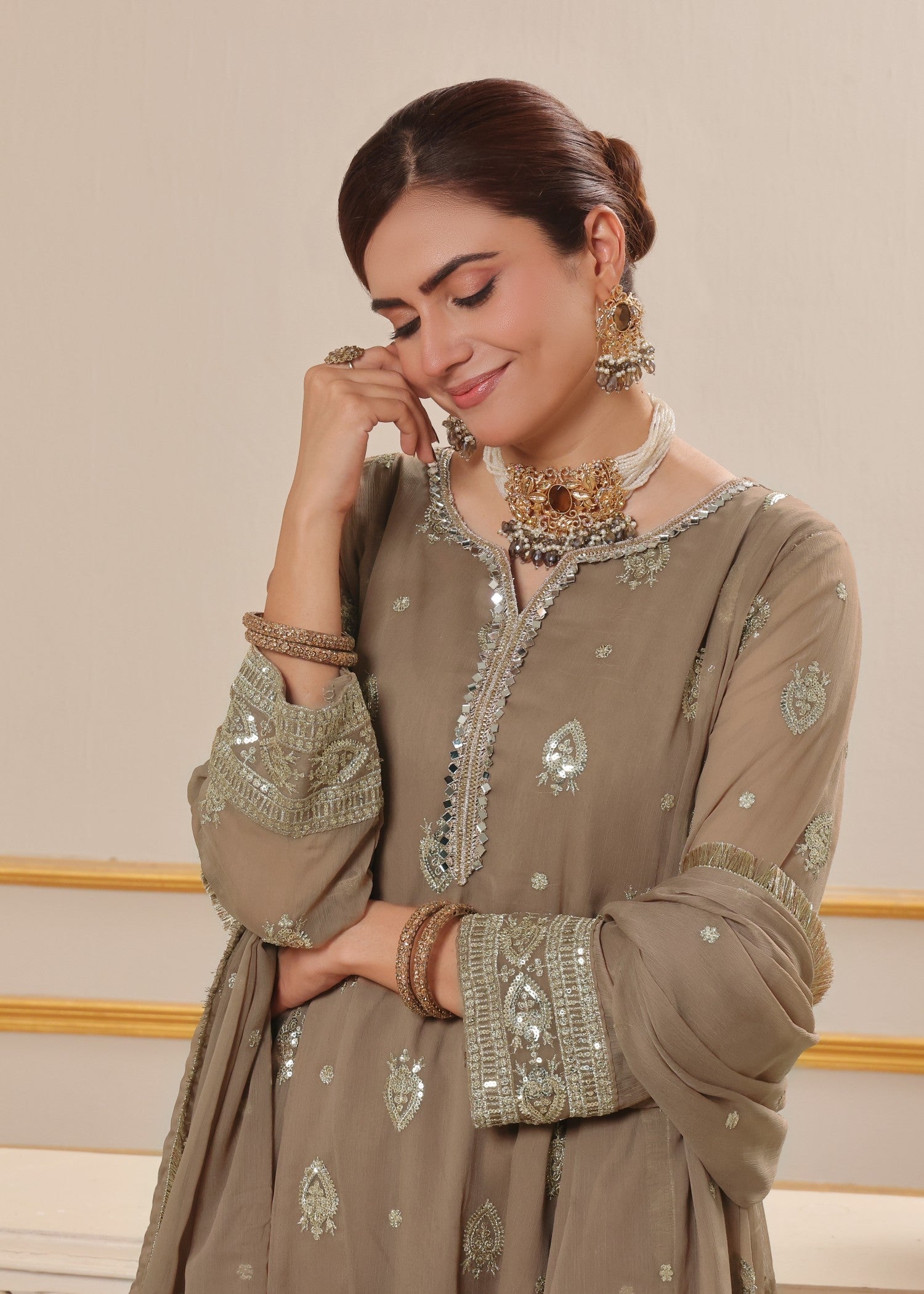 Camel Brown Embellished Chiffon 3 Piece Suit Online in Dubai DXB UAE Abudhabi Meena Bazaar