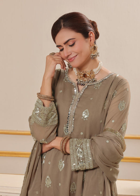 Camel Brown Embellished Chiffon 3 Piece Suit Online in Dubai DXB UAE Abudhabi Meena Bazaar