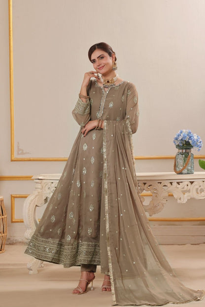 Camel Brown Embellished Chiffon Pishwas Suit Online in Dubai UAE Abudhabi Ajman Sharjah