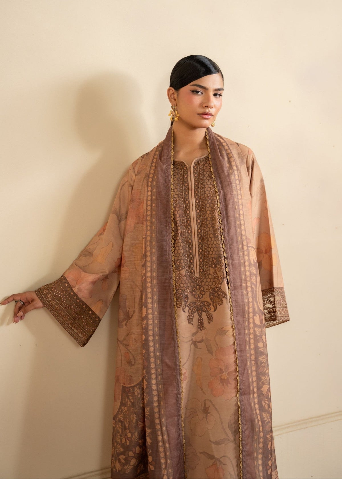 Camel Brown Embroidered Blended Khaddar Ladies Suit Online in UK USA Canada