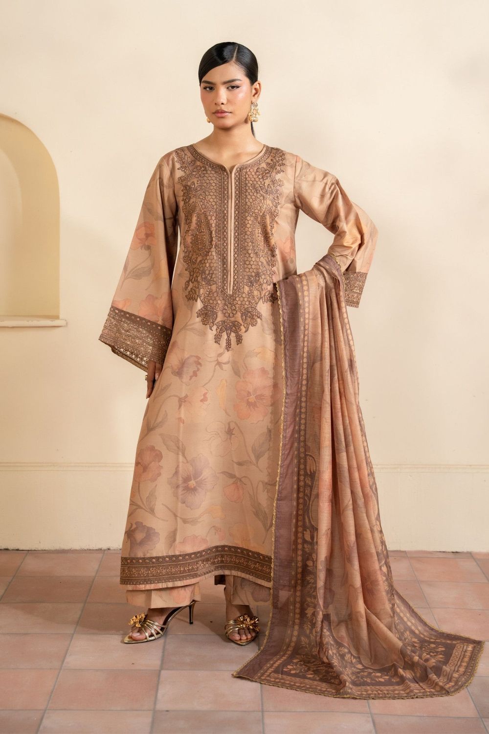 Camel Brown Embroidered Blended Khaddar Pakistani Suit Online in Dubai UAE Abudhabi Ajman Sharjah