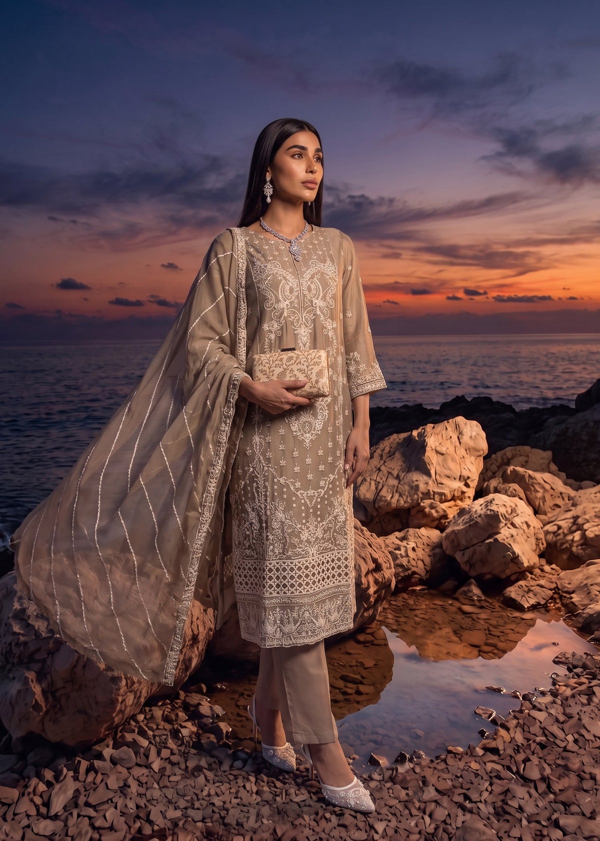 Camel Brown Embroidered Chiffon Designer Salwar Suit Online in UK USA Canada