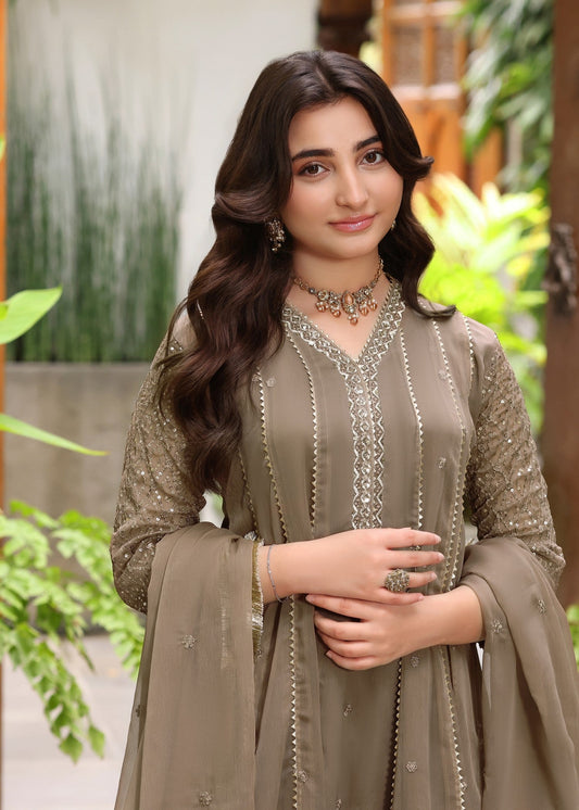 Camel Brown Embroidered Chiffon Festive Wear Outfit Online in Dubai DXB UAE Abudhabi Meena Bazaar