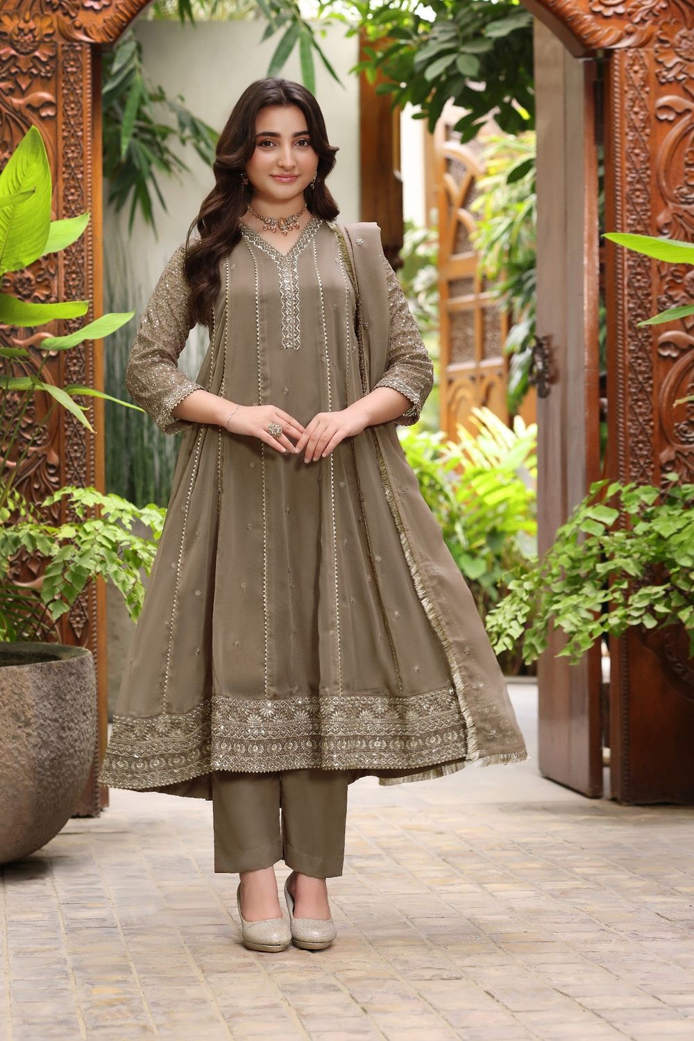 Camel Brown Embroidered Chiffon Flared Pishwas for Girls Online in Dubai UAE Abudhabi Ajman Sharjah