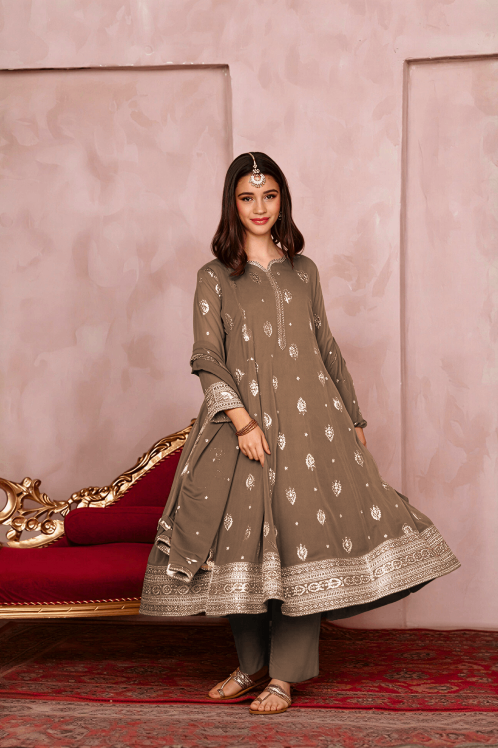 Camel Brown Embroidered Chiffon Kids Partywear Suit Online in Dubai UAE Abudhabi Ajman Sharjah