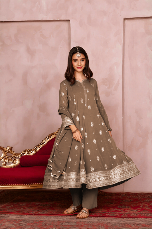 Camel Brown Embroidered Chiffon Kids Partywear Suit Online in Dubai UAE Abudhabi Ajman Sharjah