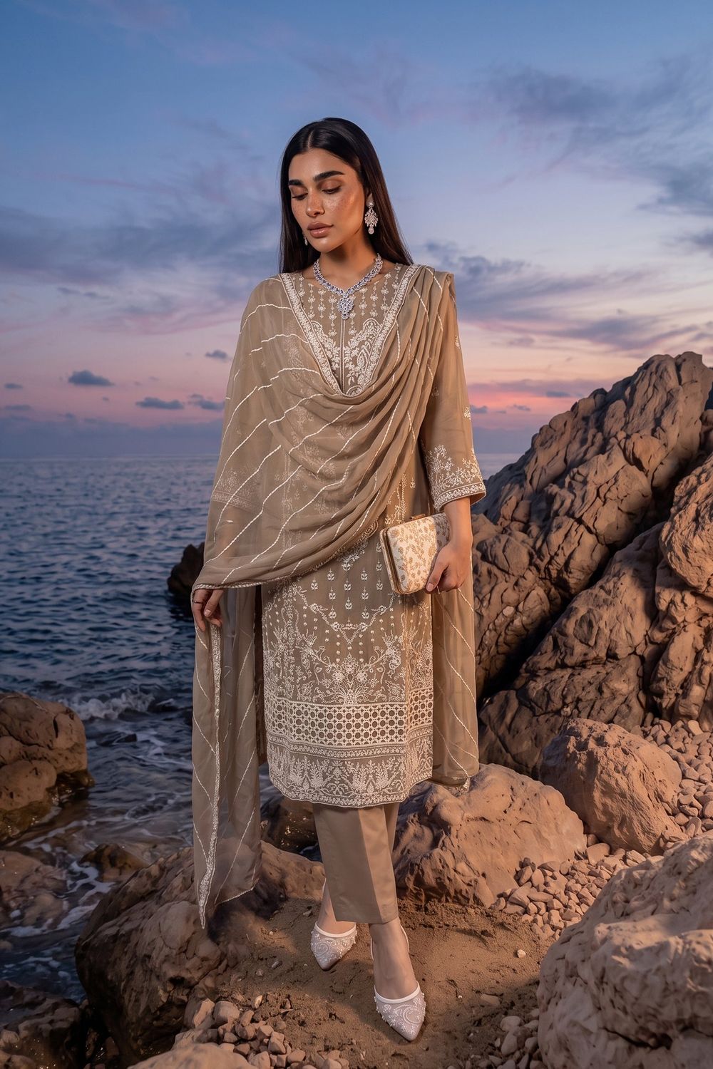 Camel Brown Embroidered Chiffon Pakistani Suit Online in Dubai UAE Abudhabi Ajman Sharjah
