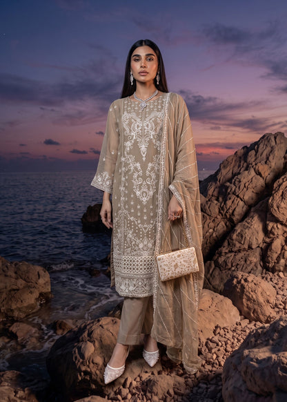 Camel Brown Embroidered Chiffon Partywear Suit Online in Dubai DXB UAE Abudhabi Meena Bazaar