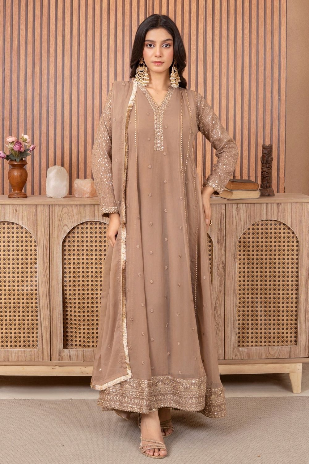 Camel Brown Embroidered Chiffon Partywear Suit Online in Dubai UAE Abudhabi Ajman Sharjah