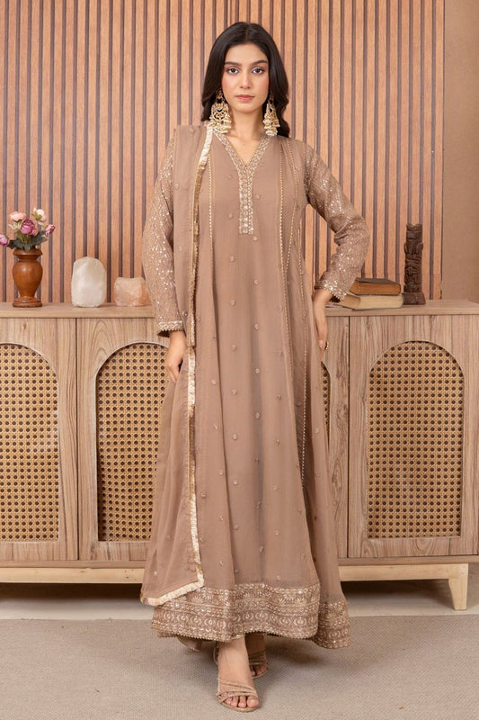 Camel Brown Embroidered Chiffon Partywear Suit Online in Dubai UAE Abudhabi Ajman Sharjah