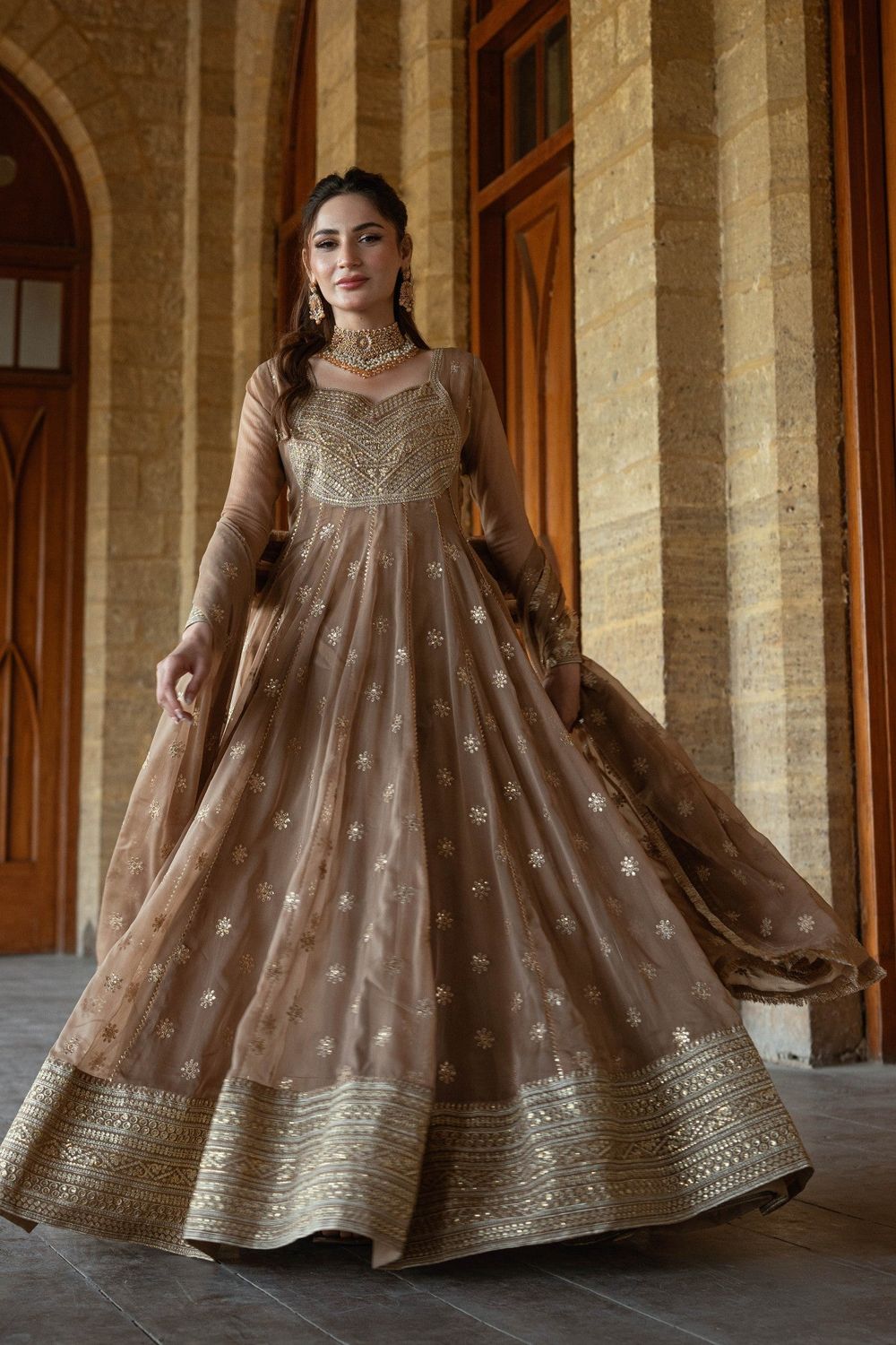 Camel Brown Embroidered Chiffon Partywear Suit Online in Dubai UAE Abudhabi Ajman Sharjah