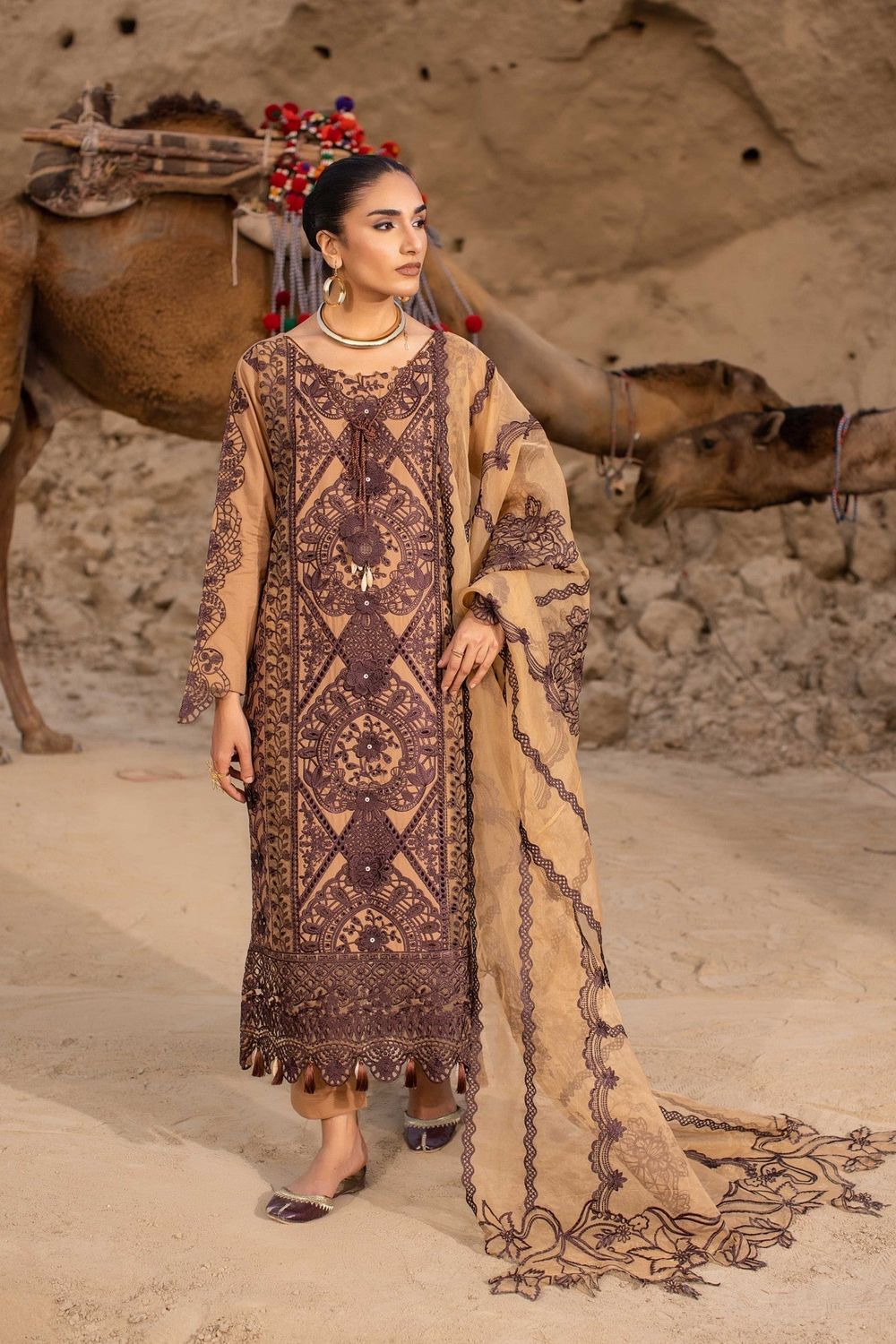 Camel Brown Embroidered Cotton Kurta Set Online in Dubai UAE Abudhabi Ajman Sharjah