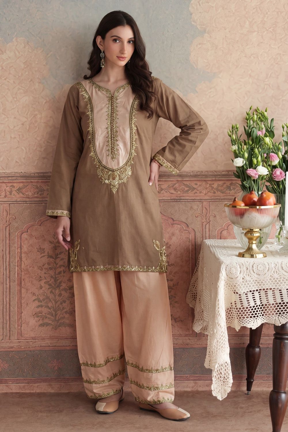 Camel Brown Embroidered Lawn Salwar Suit Online in Dubai UAE Abudhabi Ajman Sharjah