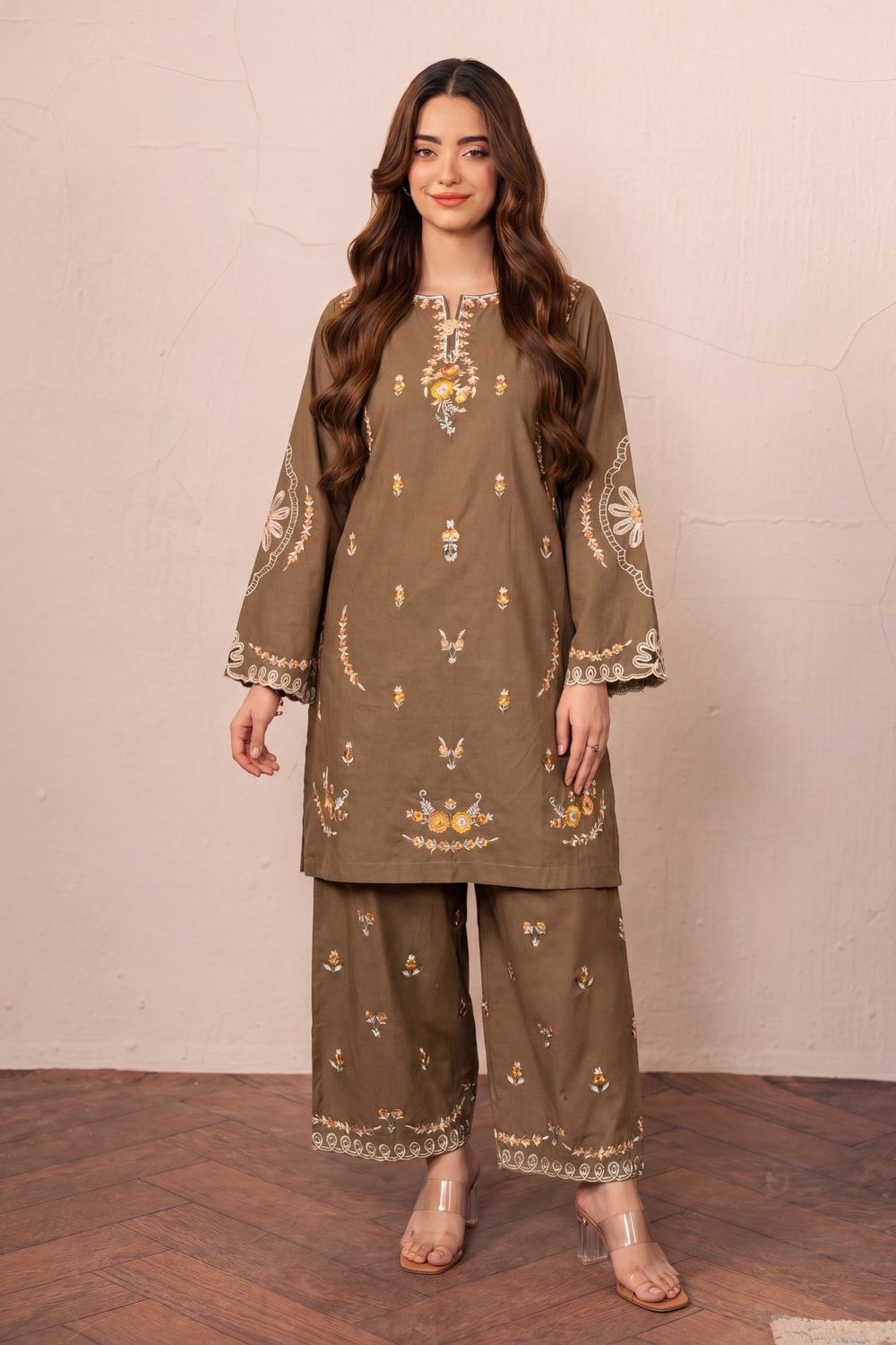 Camel Brown Embroidered Lawn Straight Cut Kurta Online in Dubai UAE Abudhabi Ajman Sharjah