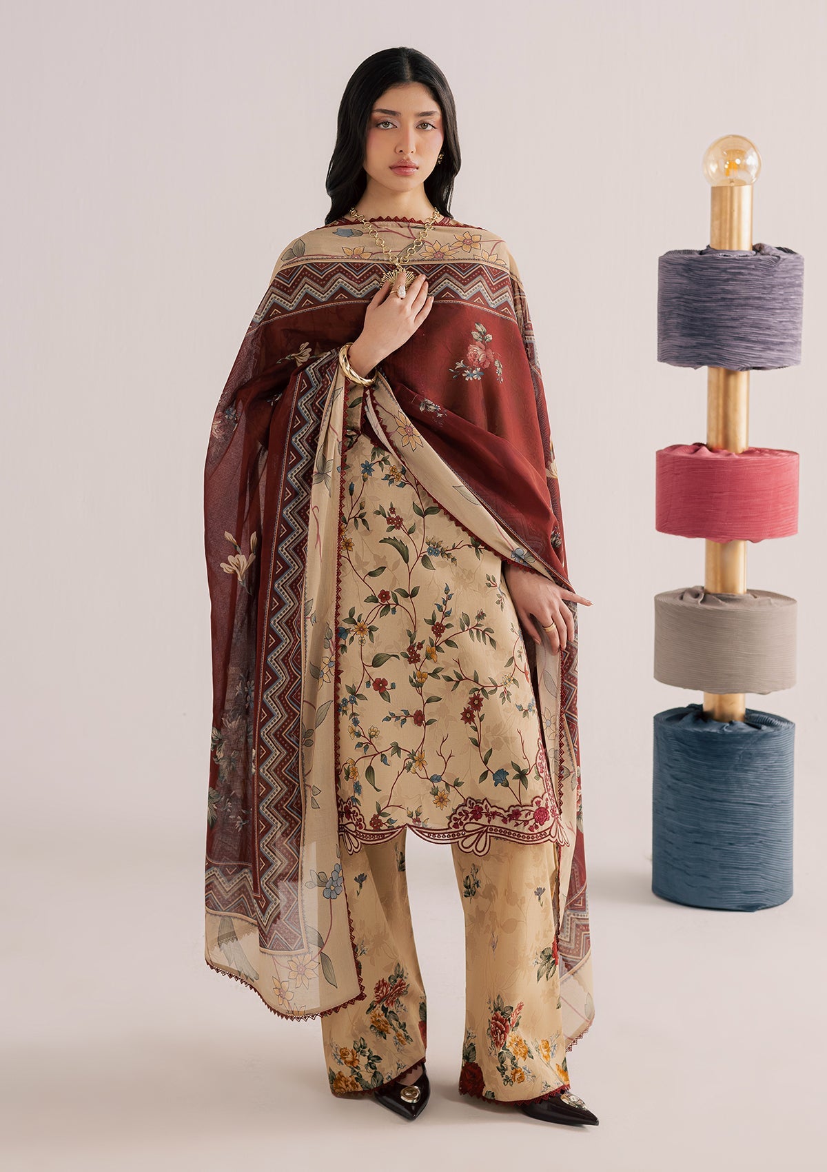 Camel Brown Embroidered Lawn Suit for Women Online in UK USA Canada