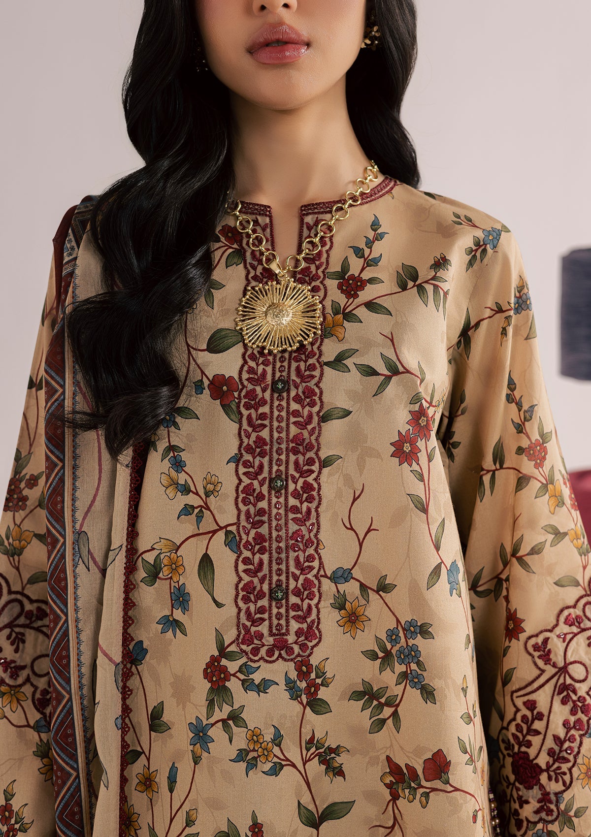 Camel Brown Lawn Embroidered Suit Online in Sri Lanka India Australia