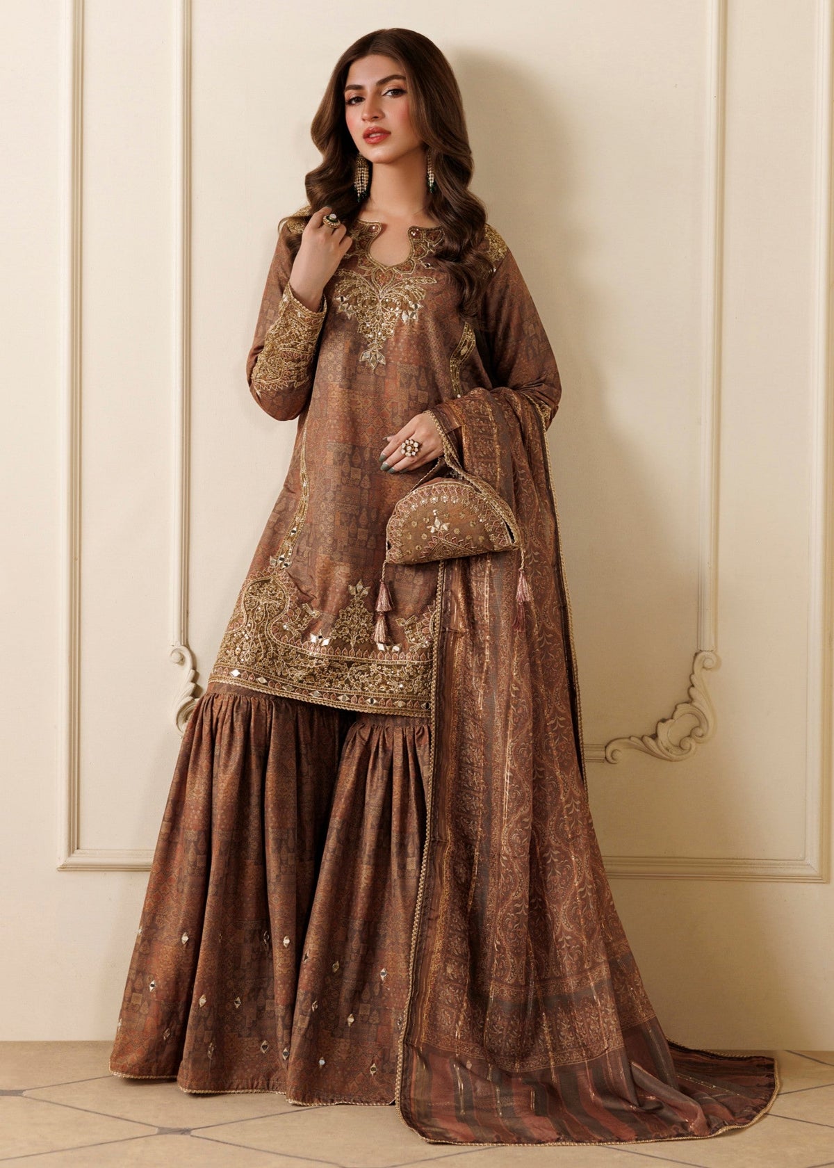 Camel Brown Mirror Work Blended Khaddar Gharara Online in Dubai DXB UAE Abudhabi Meena Bazaar