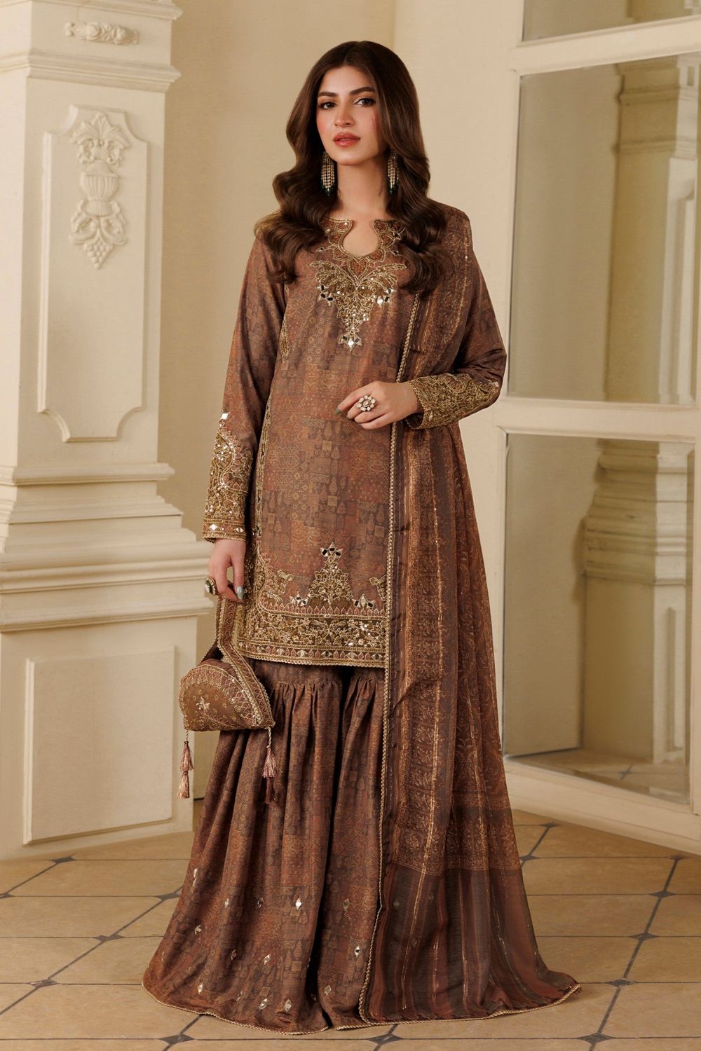 Camel Brown Mirror Work Blended Khaddar Gharara Online in Dubai UAE Abudhabi Ajman Sharjah
