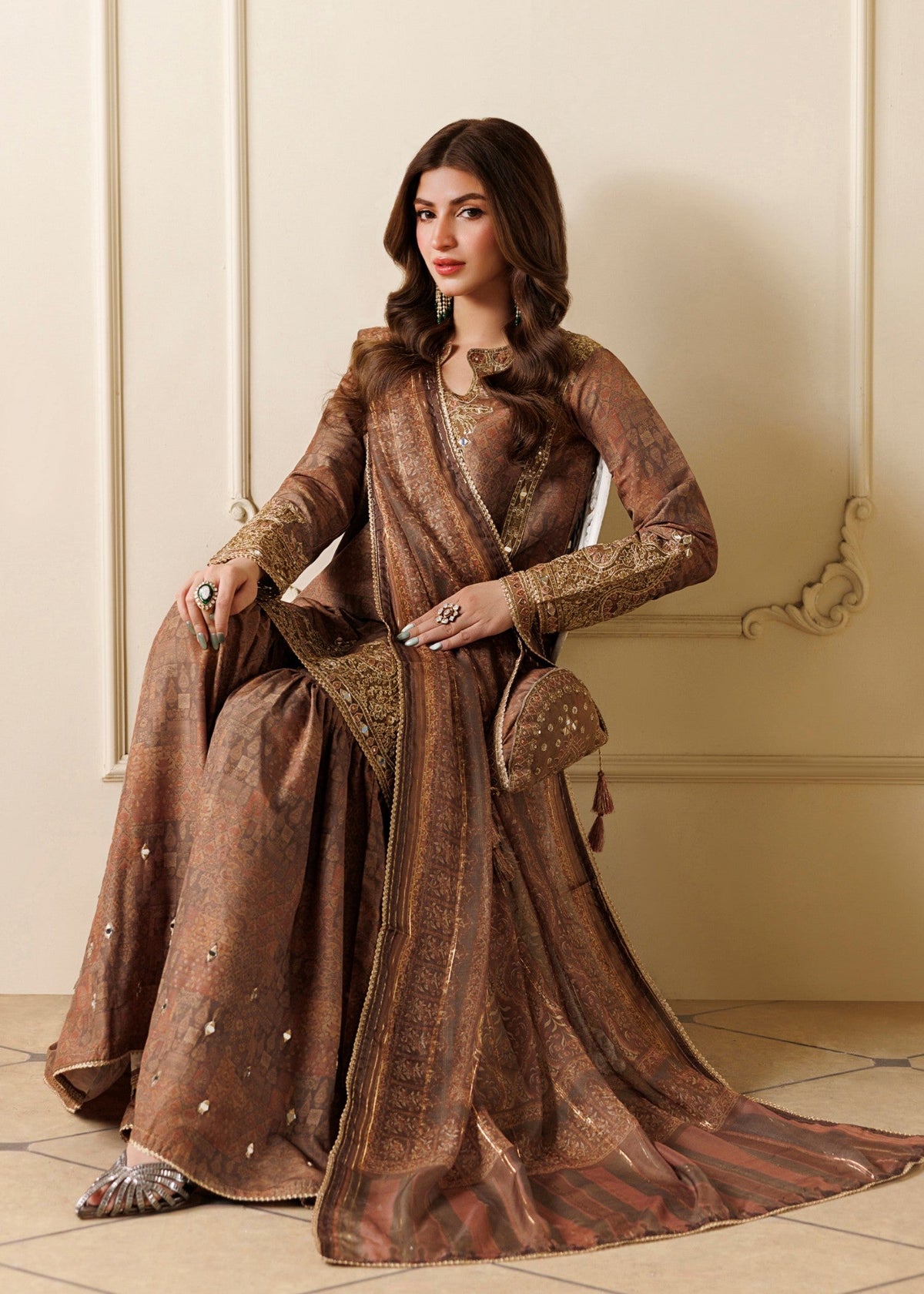 Camel Brown Mirror Work Khaddar Gharara Online in Dubai UAE Abudhabi Ajman Sharjah