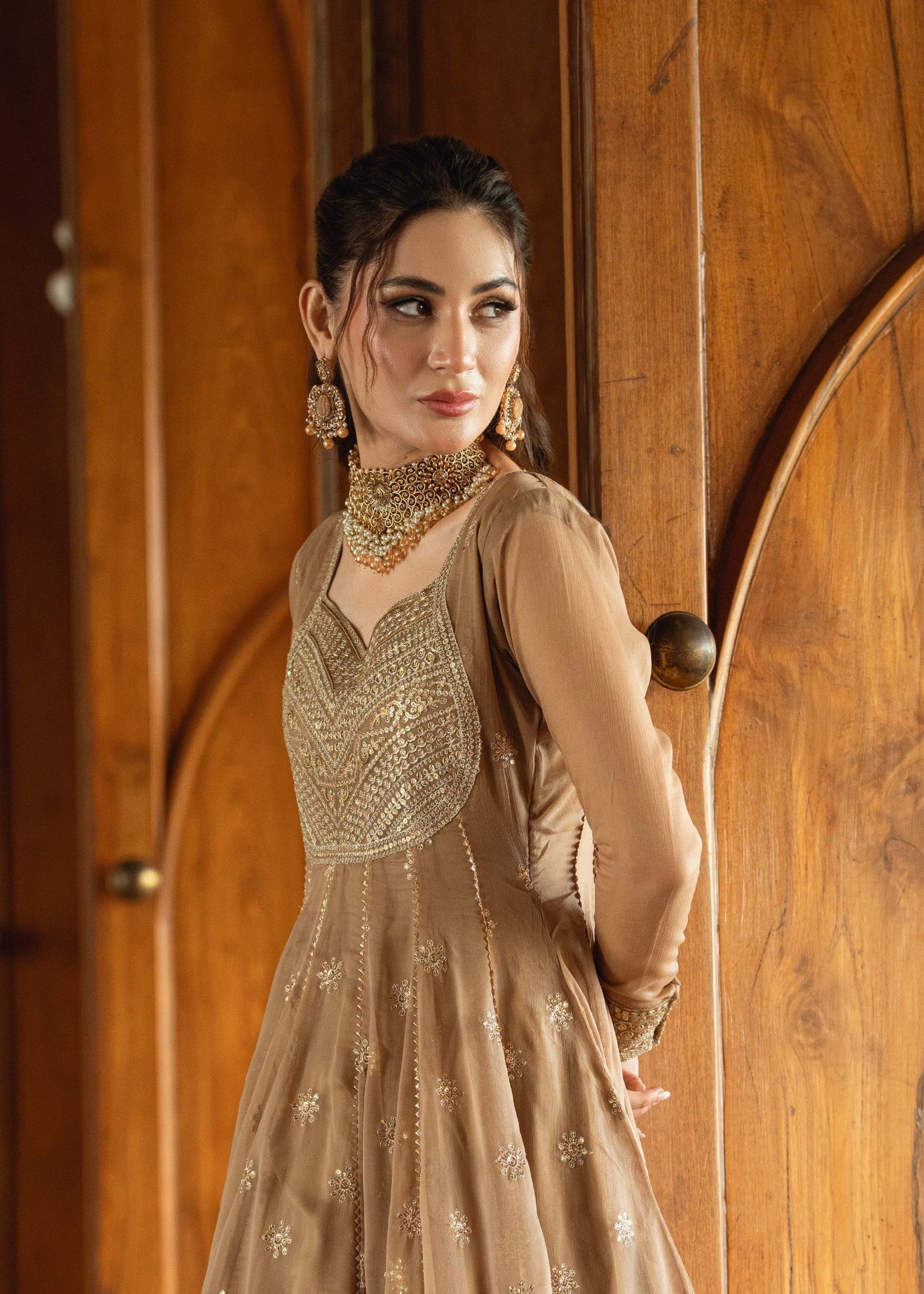 Camel Brown Zari Resham Chiffon Suit Online in Dubai DXB UAE Abudhabi Meena Bazaar