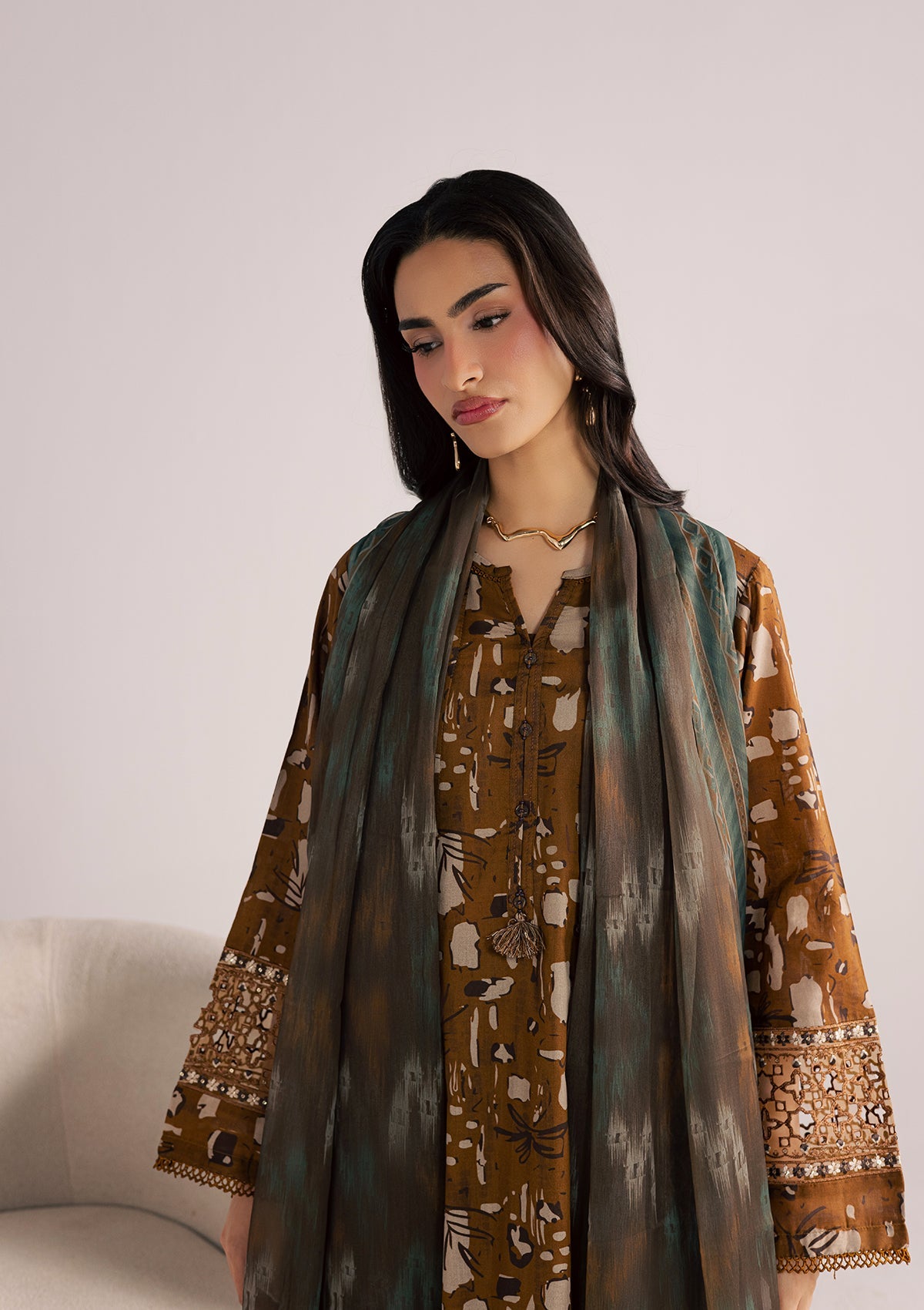 Caramel Brown 3 Piece Lawn Suit Online in Dubai UAE Abudhabi Ajman Sharjah