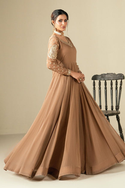 Caramel Brown Embroidered Chiffon Anarkali Maxi Online in Dubai UAE Abudhabi Ajman Sharjah
