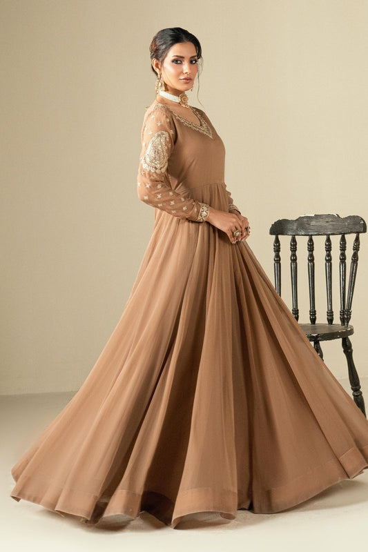 Caramel Brown Embroidered Chiffon Anarkali Maxi Online in Dubai UAE Abudhabi Ajman Sharjah