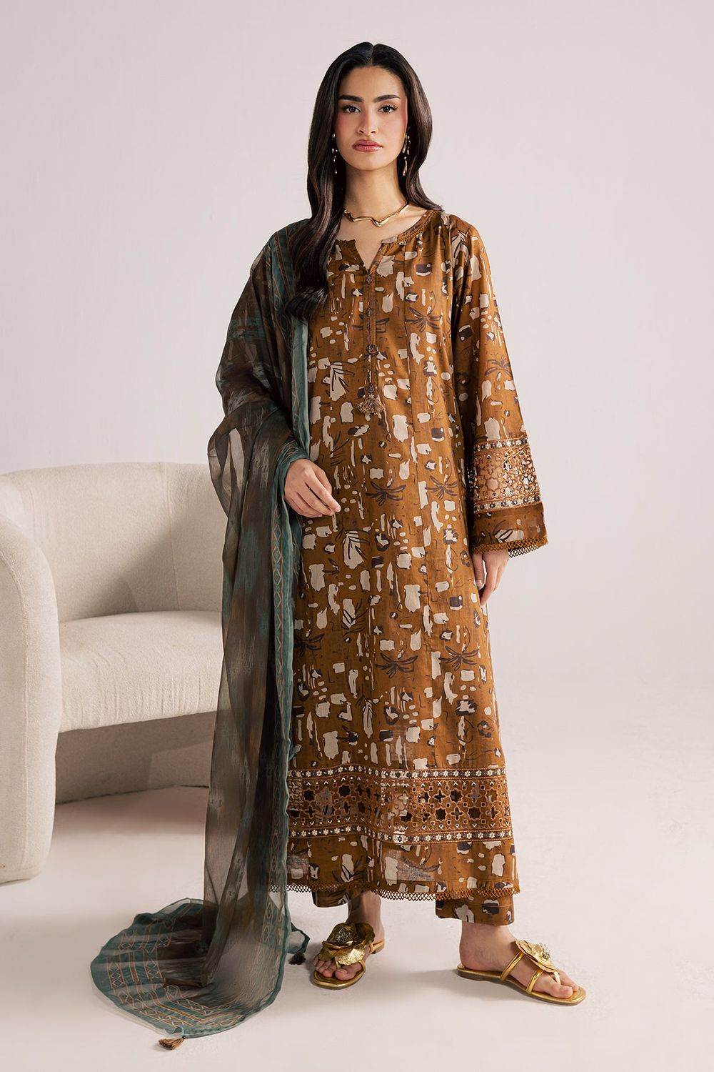 Caramel Brown Printed Lawn Kurta Set Online in Dubai UAE Abudhabi Ajman Sharjah