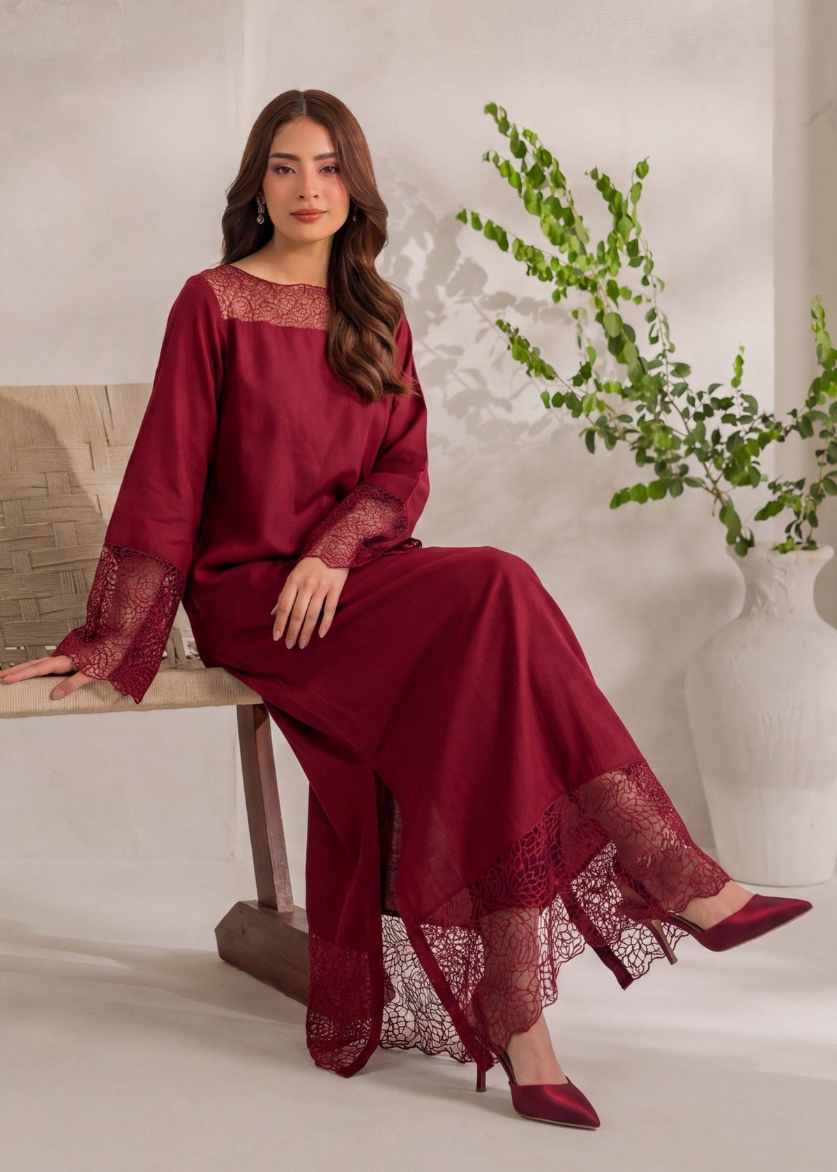 Cardinal Red Designer Kaftan in Khaddar Fabric Online in Sri Lanka India Australia