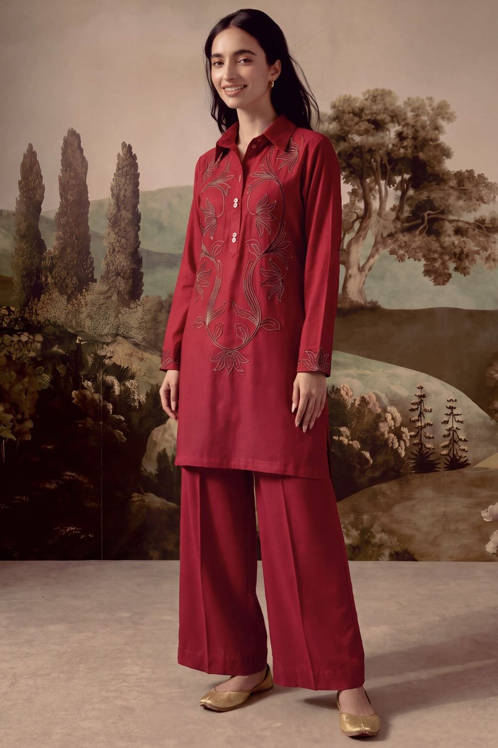 Cardinal Red Embroidered Dhanak Tunic Online in Dubai UAE Abudhabi Ajman Sharjah
