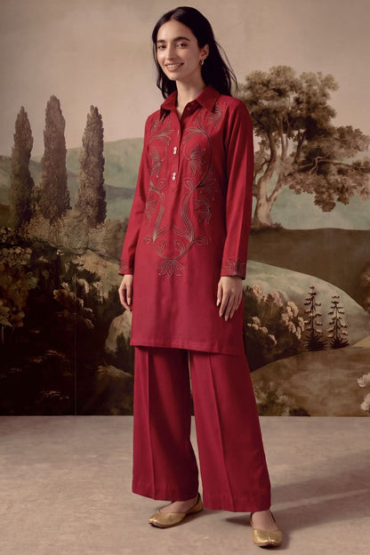 Cardinal Red Embroidered Dhanak Tunic Online in Dubai UAE Abudhabi Ajman Sharjah