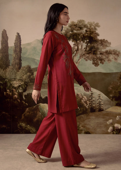 Cardinal Red Embroidered Dhanak Tunic Set Online in Dubai UAE Abudhabi Ajman Sharjah