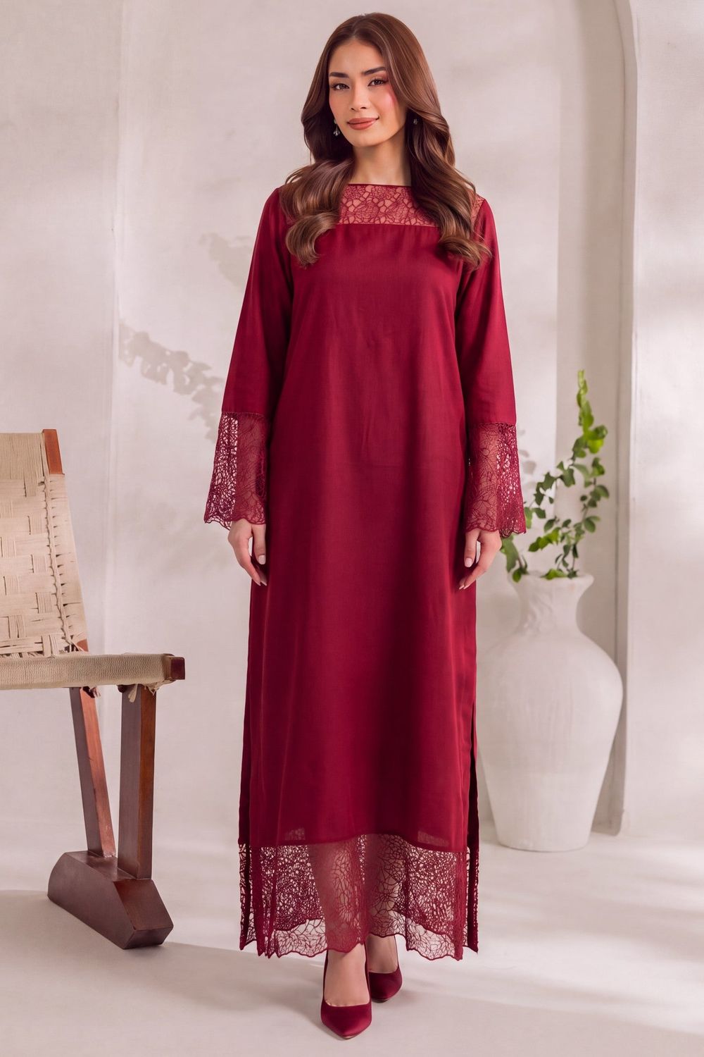 Cardinal Red Embroidered Khaddar Kaftan Online in Dubai UAE Abudhabi Ajman Sharjah