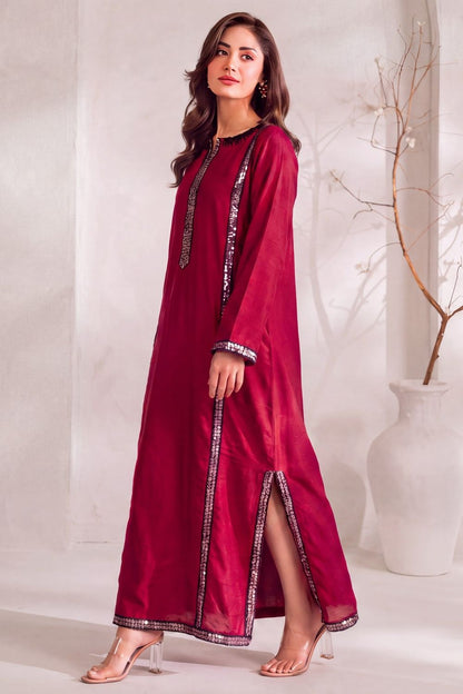 Cardinal Red Sequined Khaddar Kaftan Online in Dubai UAE Abudhabi Ajman Sharjah