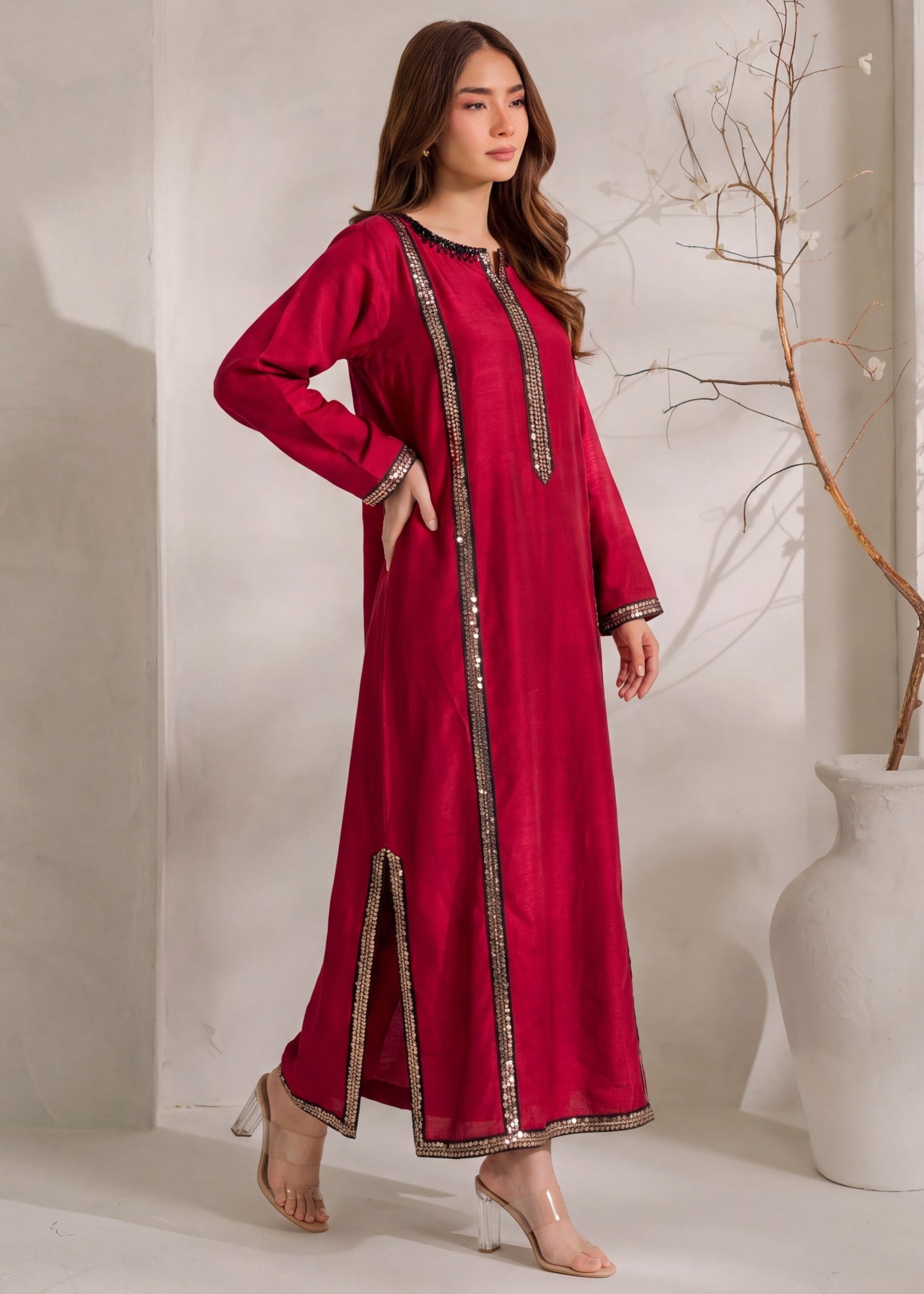 Cardinal Red Winter Kaftan with Sequins Online in Dubai DXB UAE Abudhabi Meena Bazaar