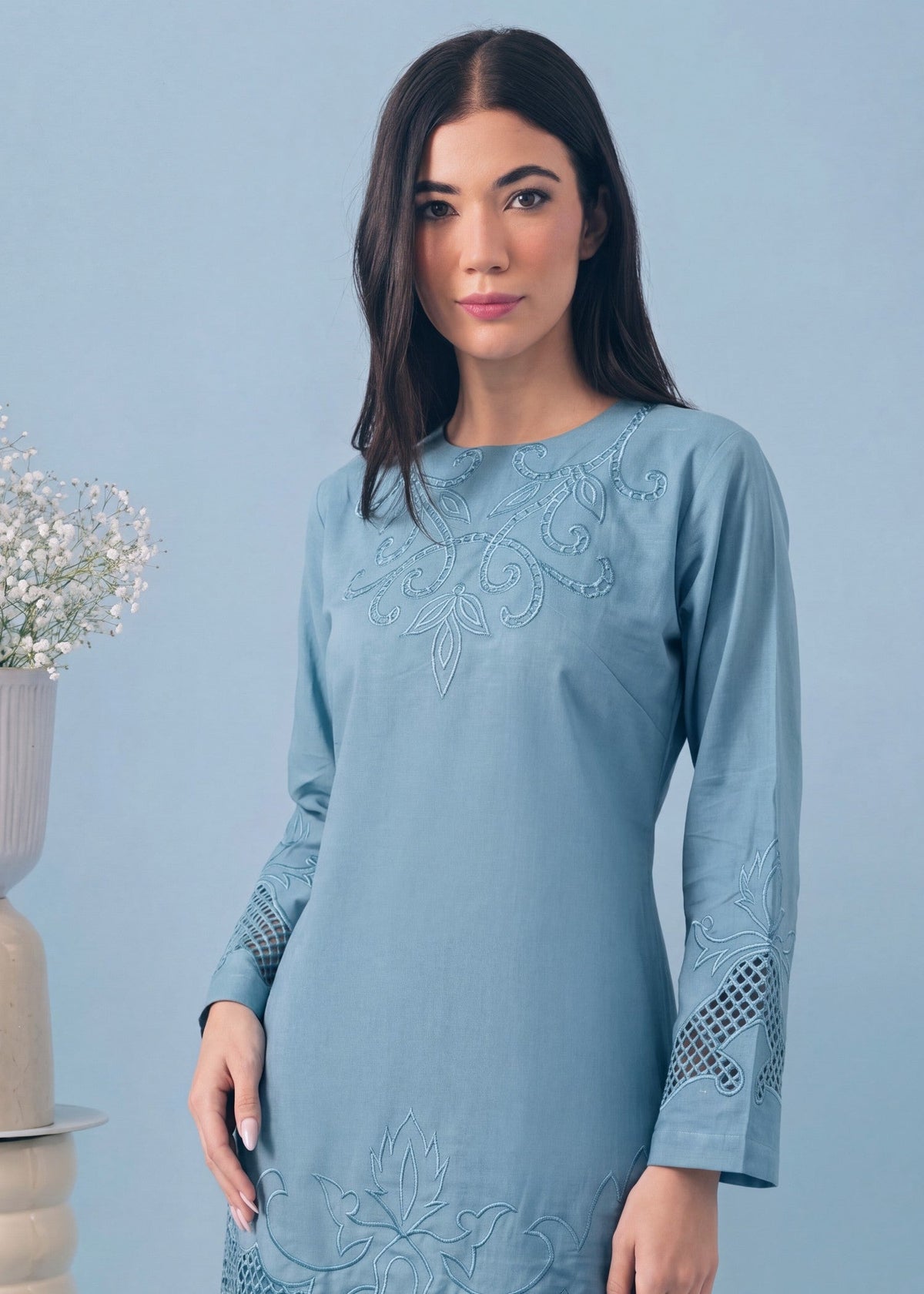 Carolina Blue Embroidered Khaddar Kurta Set Online in Dubai DXB UAE Abudhabi Meena Bazaar
